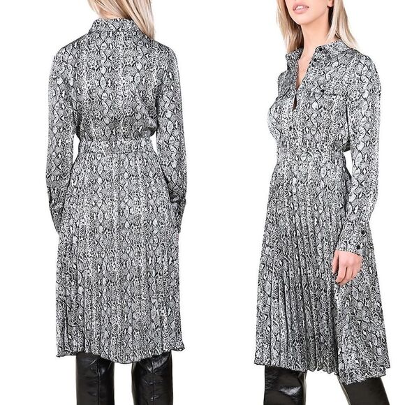 MOLLY BRACKEN Snake Print Long Sleeve Shirt Midi Dress Pleated Black Grey L - Picture 1 of 12